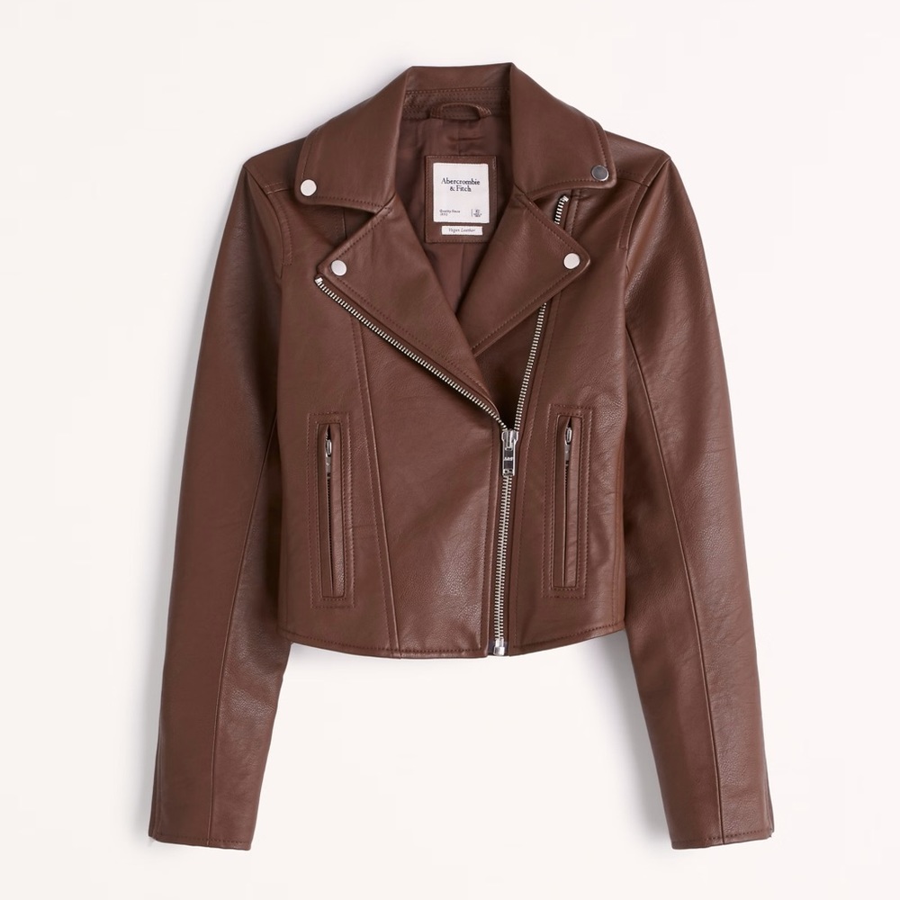 NWT Abercrombie & Fitch Vegan Leather Moto Jacket in Dark Brown - Picture 2 of 9